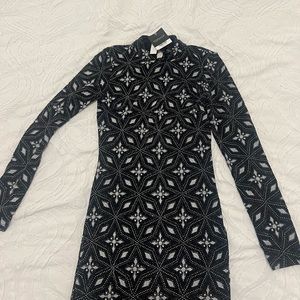 Black silver glitter high neck long sleeved mini dress